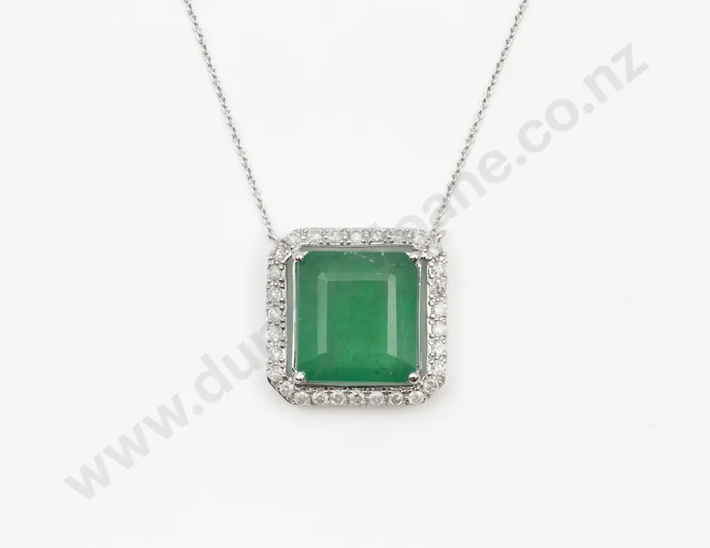 14ct White Gold Emerald and Diamond Pendant on Chain Image 1++