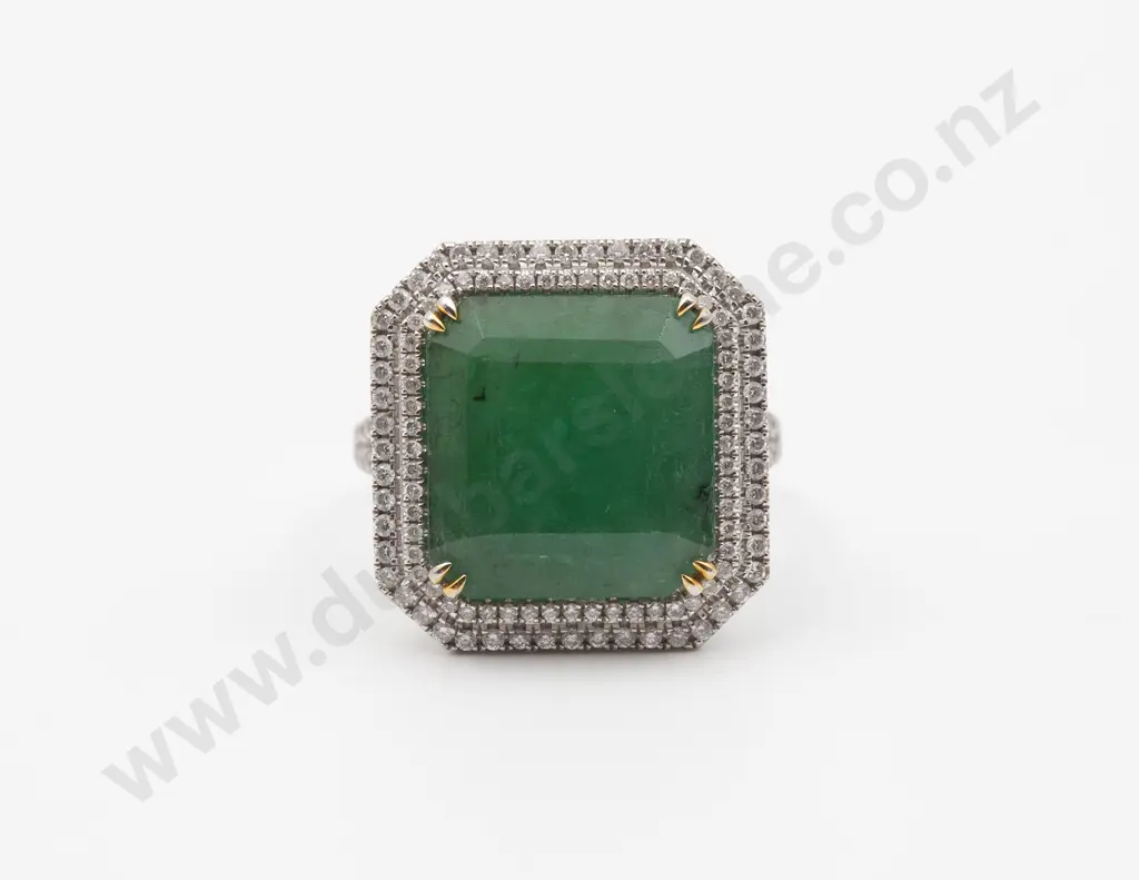 14ct White Gold Emerald and Diamond Dress Ring Image 1++