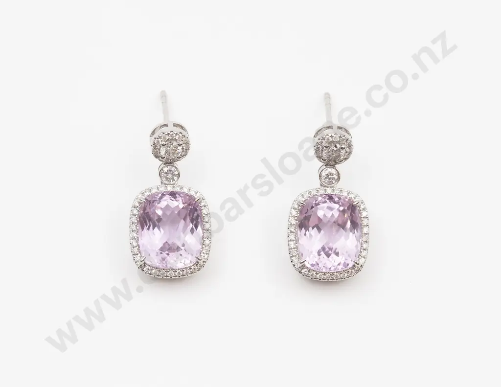 14ct White Gold Kunzite and Diamond Cluster Pendant Drop Earrings Image 1++