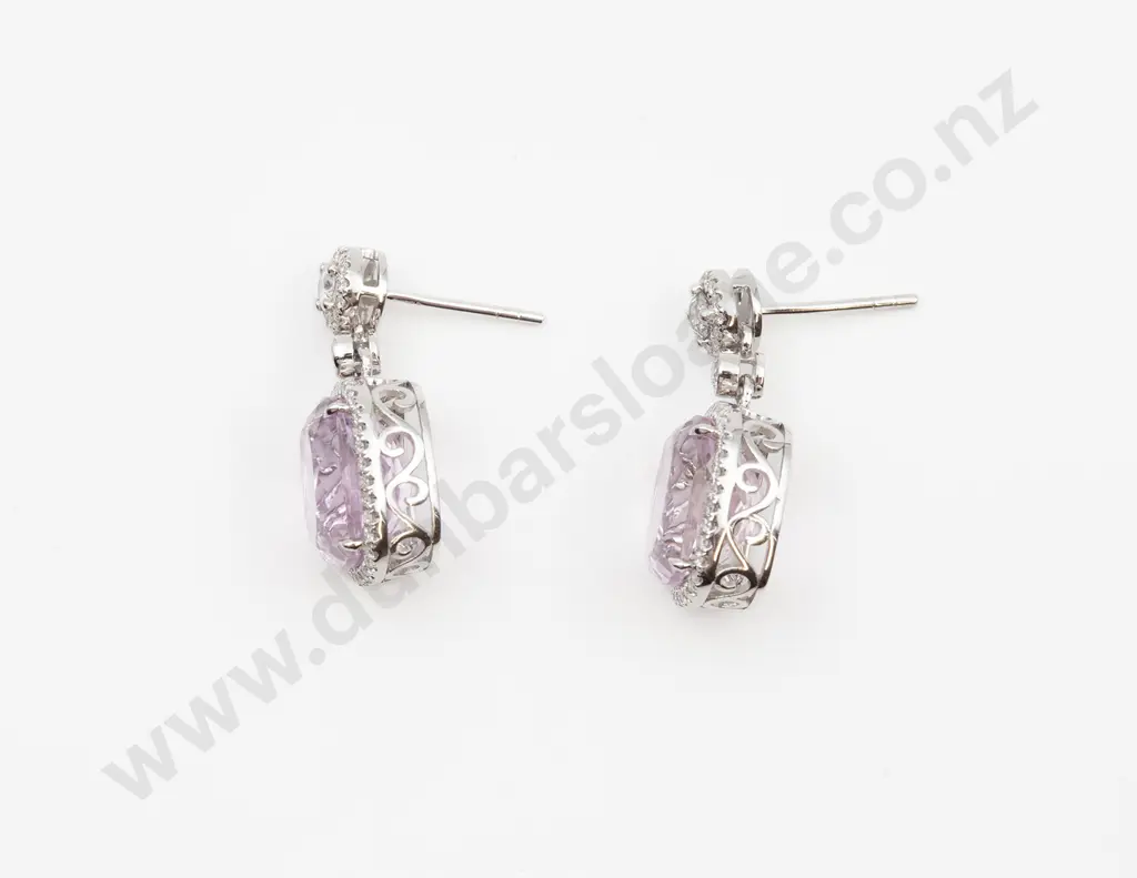 14ct White Gold Kunzite and Diamond Cluster Pendant Drop Earrings Image 1++