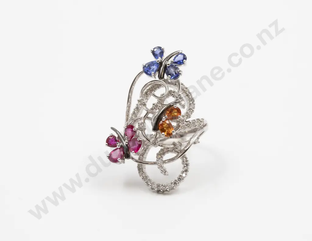 18ct White Gold 90stone Multicoloured Sapphire & Diamond Dress Ring Image 1++