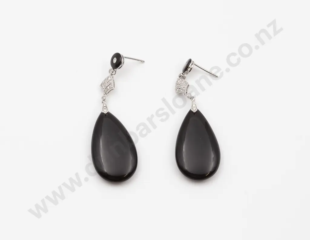 14ct White Gold Art Deco Style Onyx and Diamond Pendant Drop Earrings Image 1++