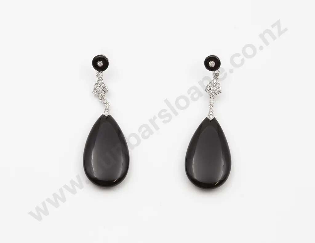 14ct White Gold Art Deco Style Onyx and Diamond Pendant Drop Earrings Image 1++