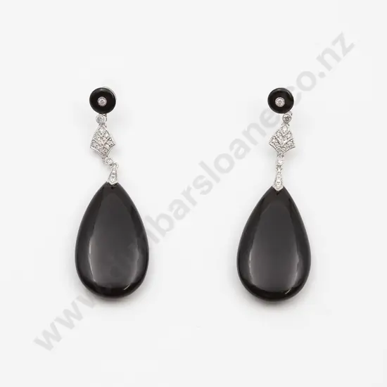 14ct White Gold Art Deco Style Onyx and Diamond Pendant Drop Earrings