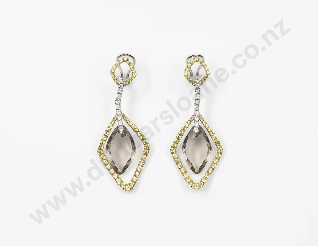 Pair 18ct White Gold Smokey Quartz Yellow Sapphire & Diamond Pendant Earrings Image 1++