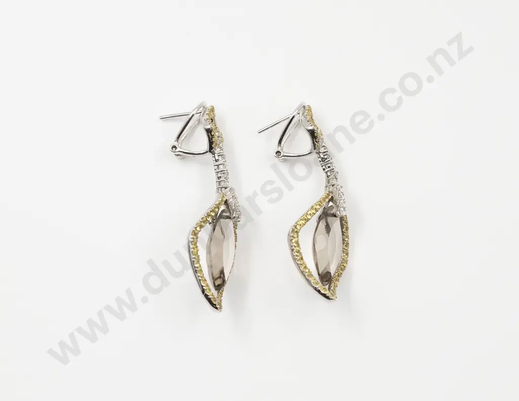 Pair 18ct White Gold Smokey Quartz Yellow Sapphire & Diamond Pendant Earrings Image 1++