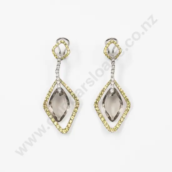 Pair 18ct White Gold Smokey Quartz Yellow Sapphire & Diamond Pendant Earrings