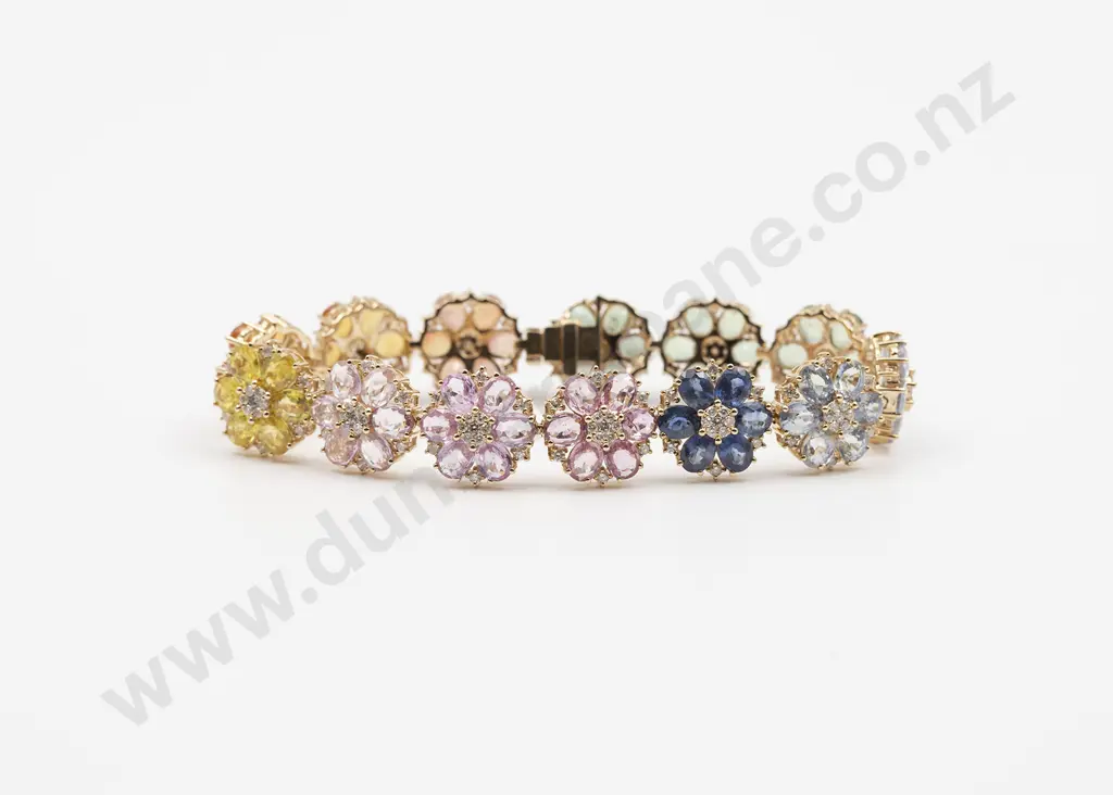 14ct Mixed Coloured Sapphire and Diamond Floret Cluster Bracelet Image 1++
