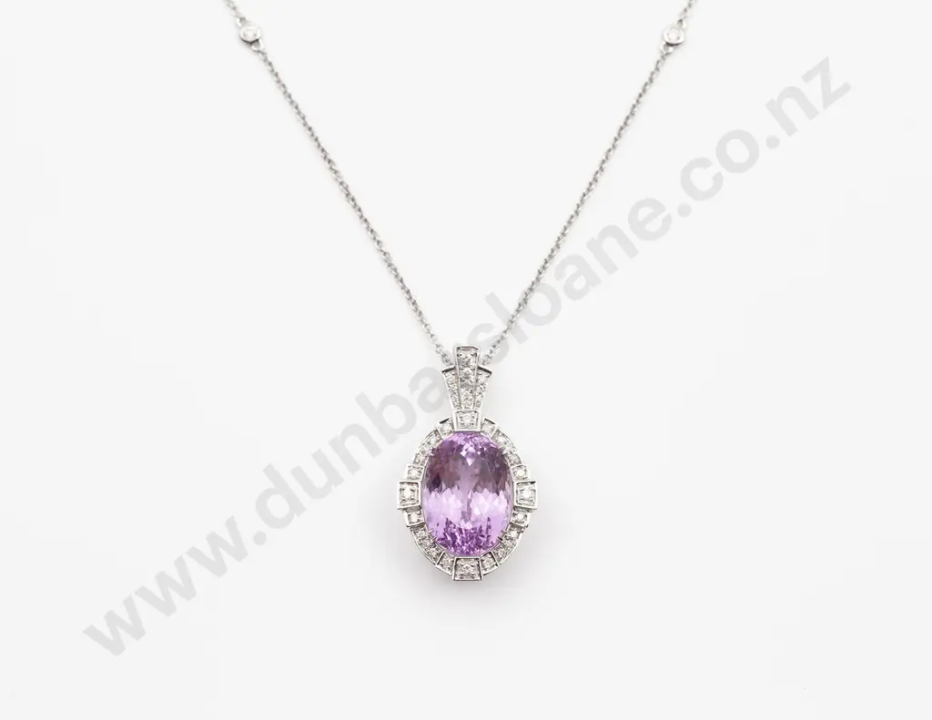 14ct White Gold Kunzite and Diamond Pendant Image 1++