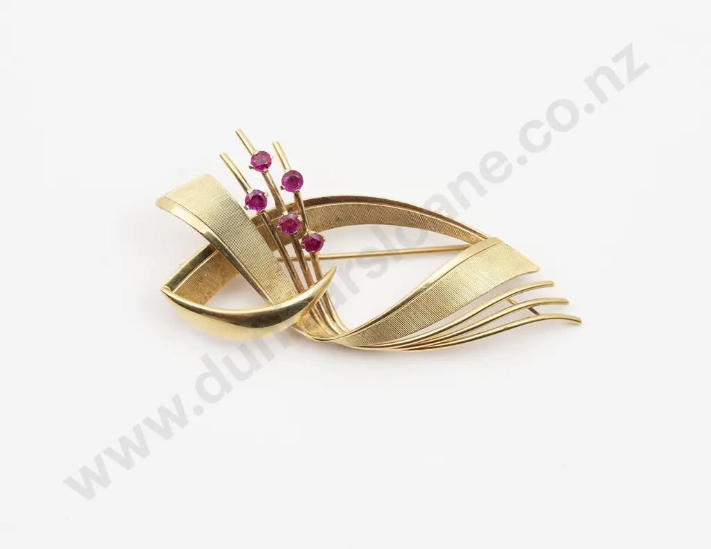 14ct Five Stone Ruby Spray Brooch Image 1++