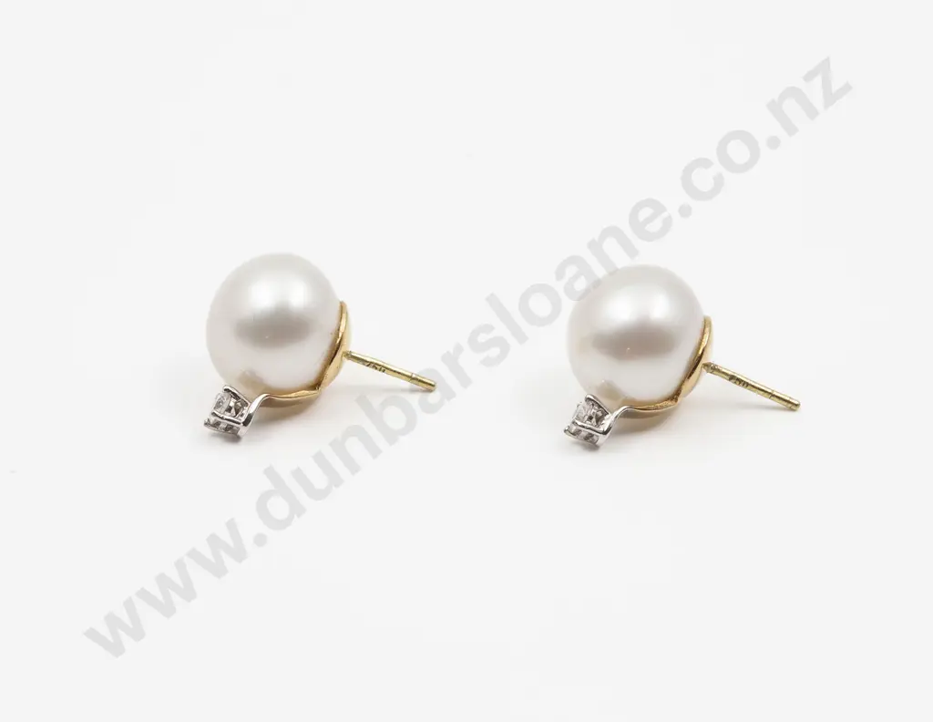 Pair South Sea Cultured Pearl and Diamond Stud Earrings Image 1++