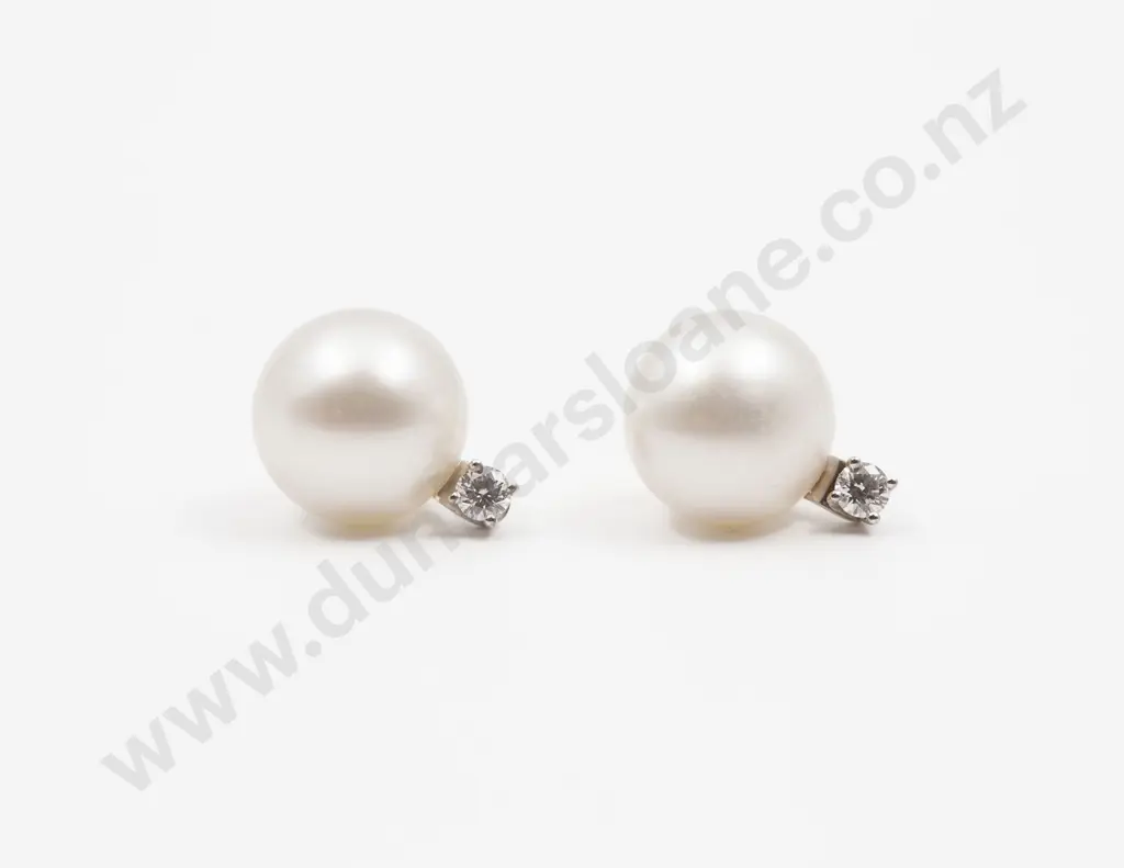 Pair South Sea Cultured Pearl and Diamond Stud Earrings Image 1++
