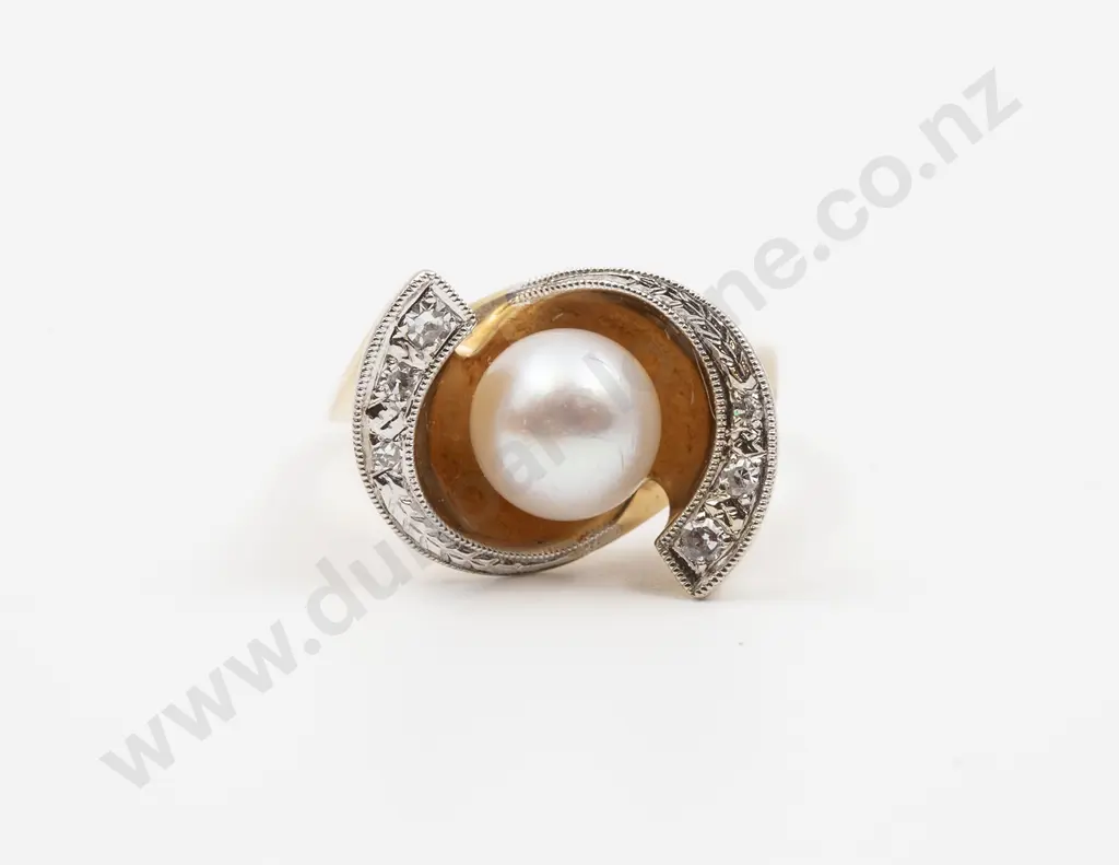 14ct Single Cultured Pearl and Diamond Dress Ring Image 1++