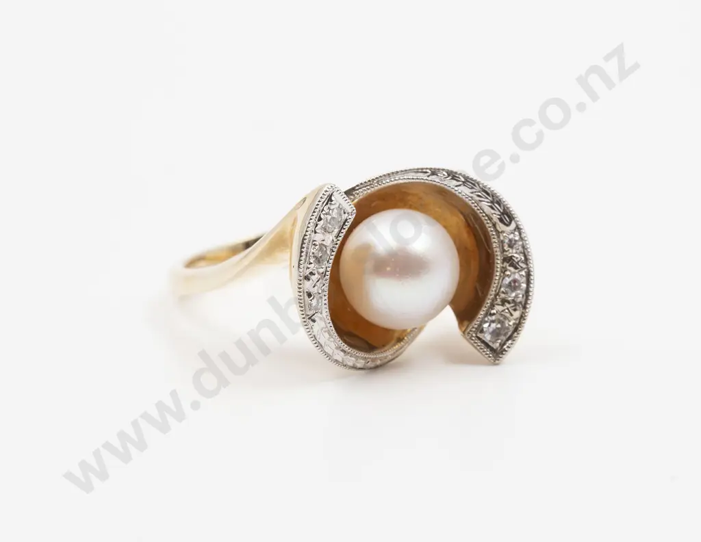 14ct Single Cultured Pearl and Diamond Dress Ring Image 1++