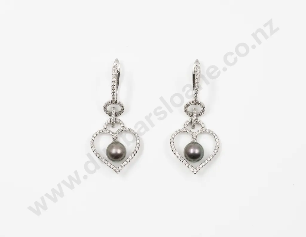 Pair 18ct Black Cultured Pearl & Diamond Drop Earrings Image 1++