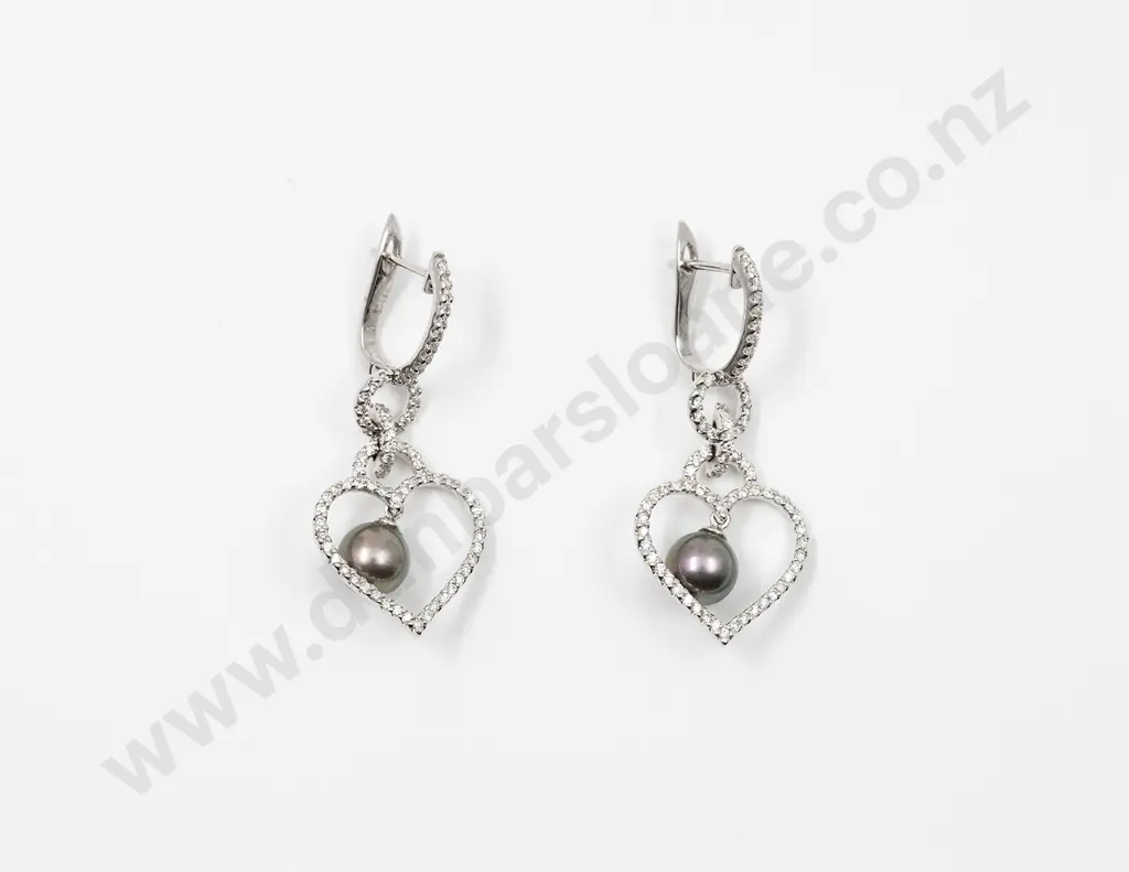 Pair 18ct Black Cultured Pearl & Diamond Drop Earrings Image 1++
