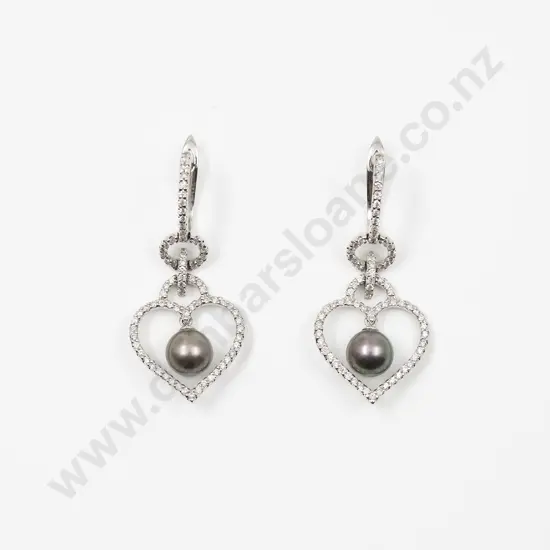 Pair 18ct Black Cultured Pearl & Diamond Drop Earrings