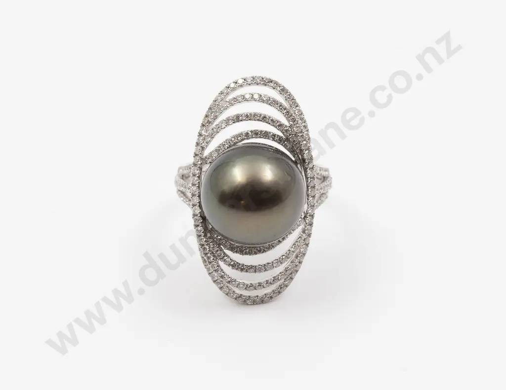 18ct White Gold South Seas Black Pearl and Diamond Dress Ring Image 1++