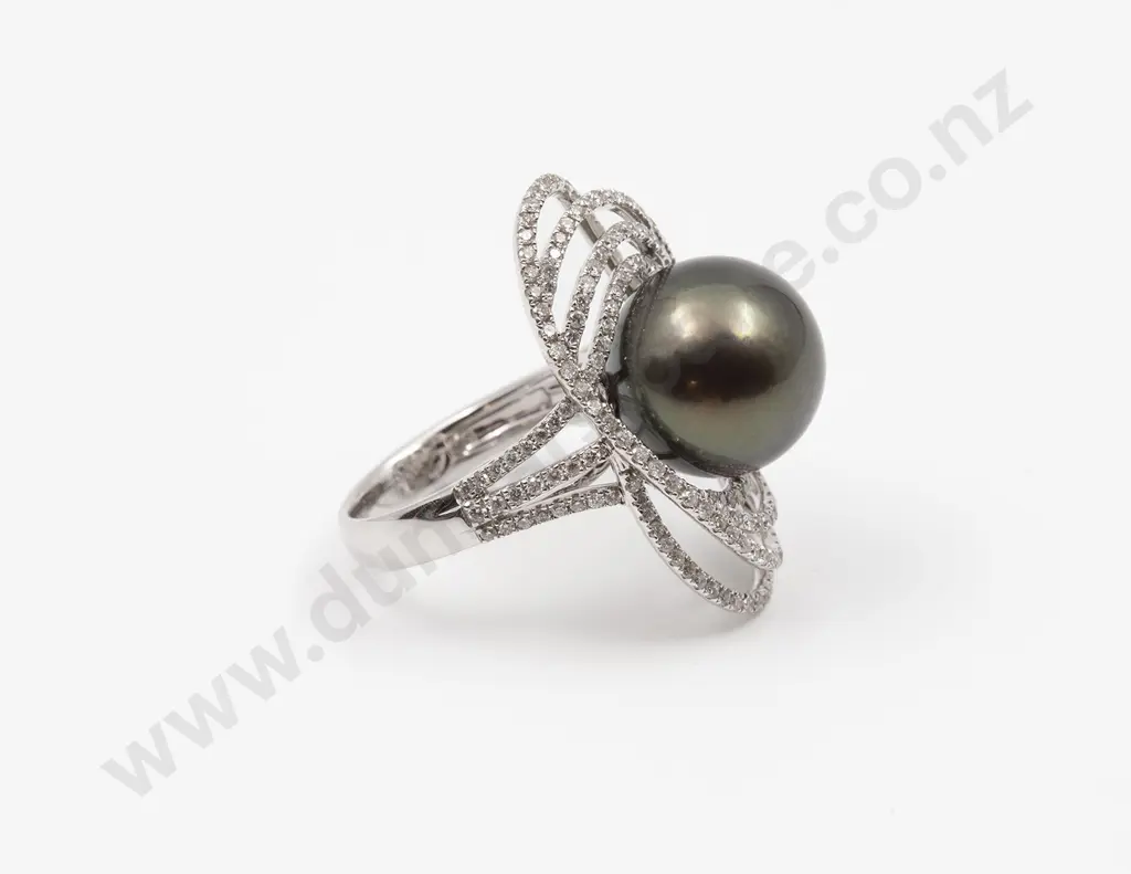 18ct White Gold South Seas Black Pearl and Diamond Dress Ring Image 1++
