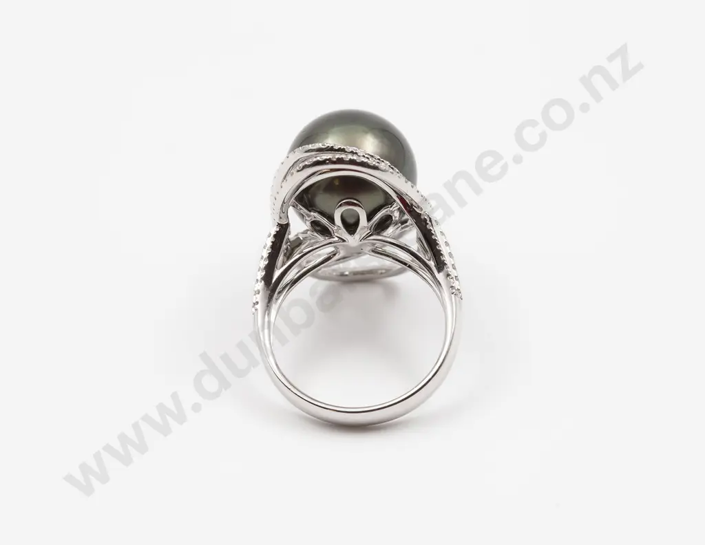 18ct White Gold South Seas Black Pearl and Diamond Dress Ring Image 1++
