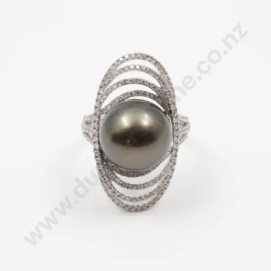 18ct White Gold South Seas Black Pearl and Diamond Dress Ring