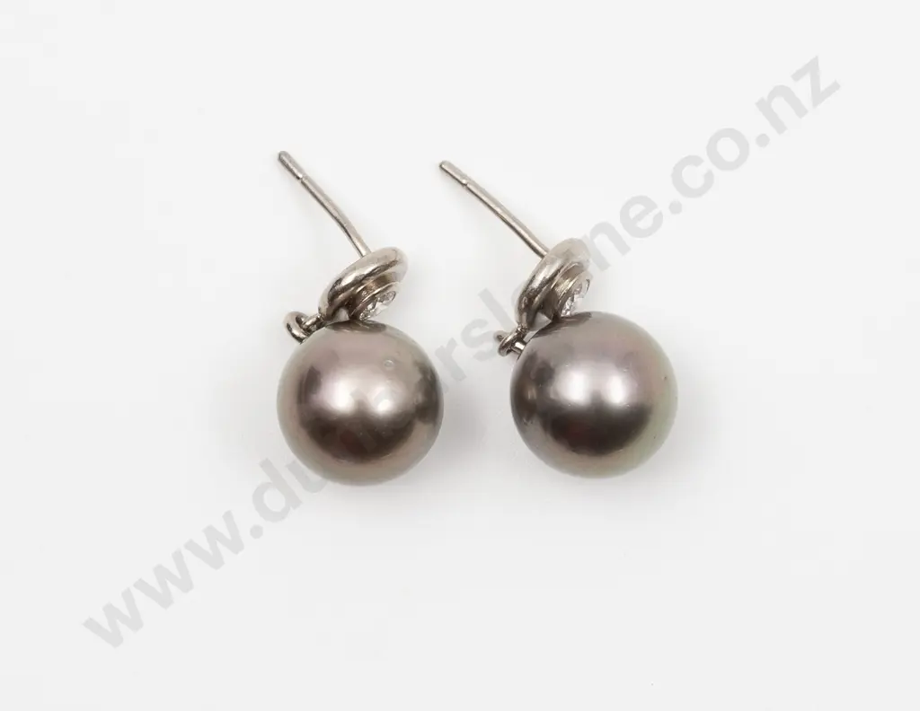 Pair 18ct White Gold & Platinum Cultured Black South Sea Pearl and Diamond Earrings Image 1++
