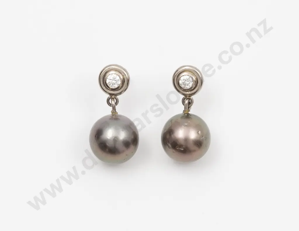 Pair 18ct White Gold & Platinum Cultured Black South Sea Pearl and Diamond Earrings Image 1++