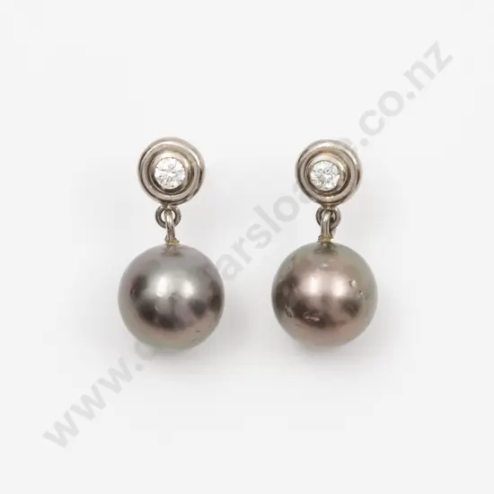 Pair 18ct White Gold & Platinum Cultured Black South Sea Pearl and Diamond Earrings
