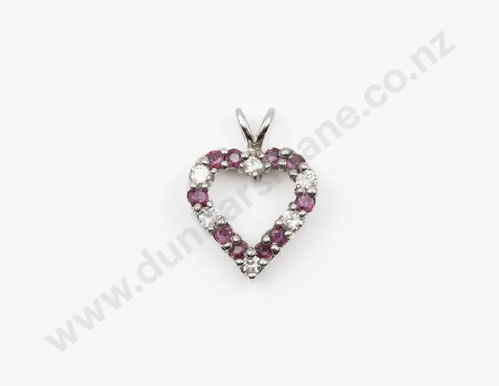 14ct White Gold 15stone Ruby and Diamond Heart Pendant Image 1++