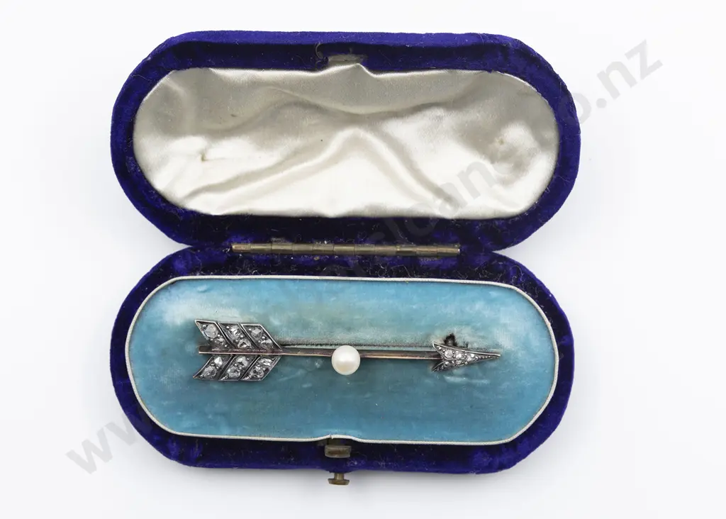 Victorian 18ct Diamond and Single Pearl 'Love' Arrow Brooch Image 1++