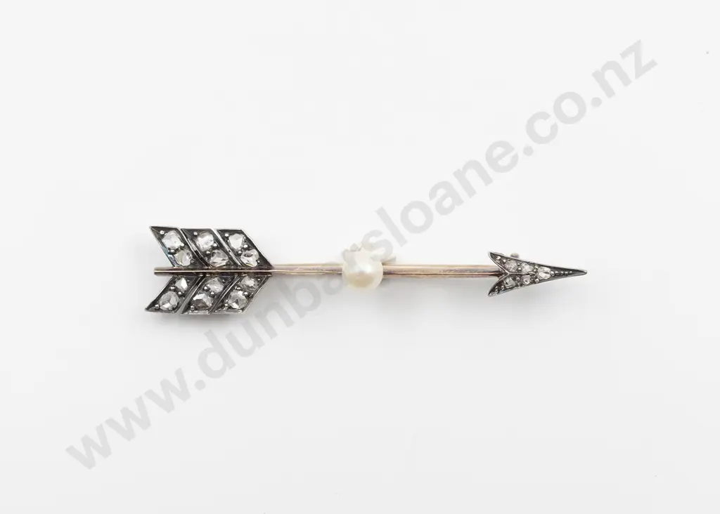 Victorian 18ct Diamond and Single Pearl 'Love' Arrow Brooch Image 1++