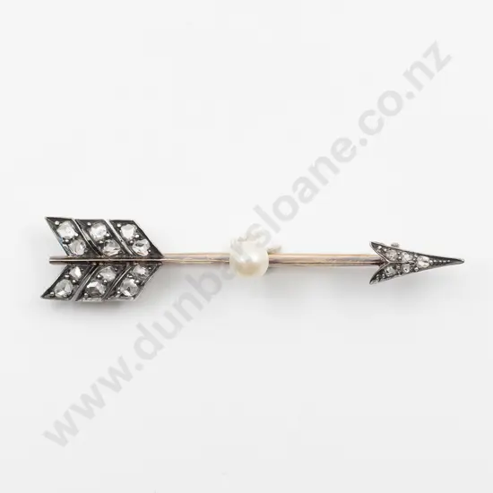 Victorian 18ct Diamond and Single Pearl 'Love' Arrow Brooch