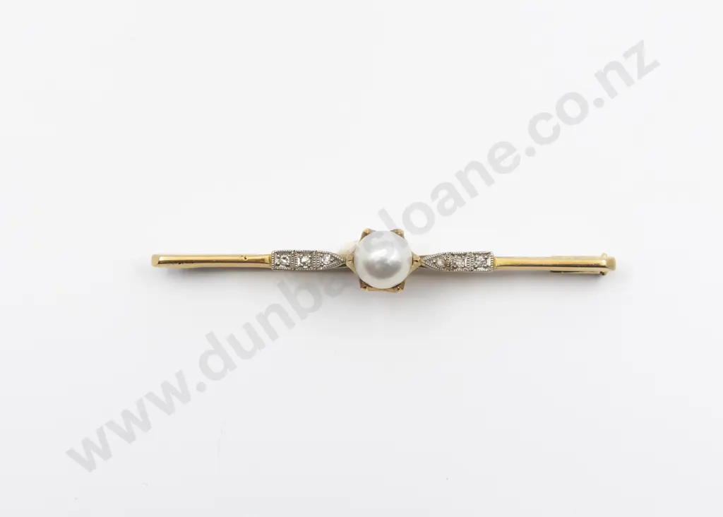18ct & Platinum Cultured Pearl and Diamond Bar Brooch Image 1++