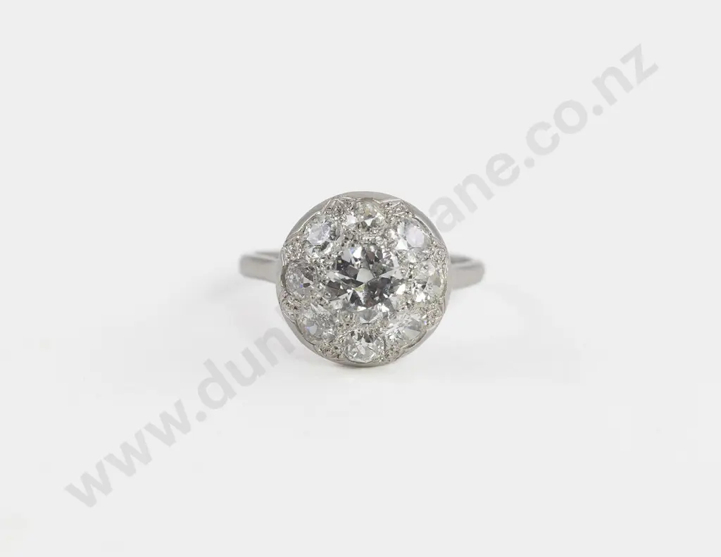 All Platinum Art Deco Nine Stone Diamond Cluster Ring Image 1++