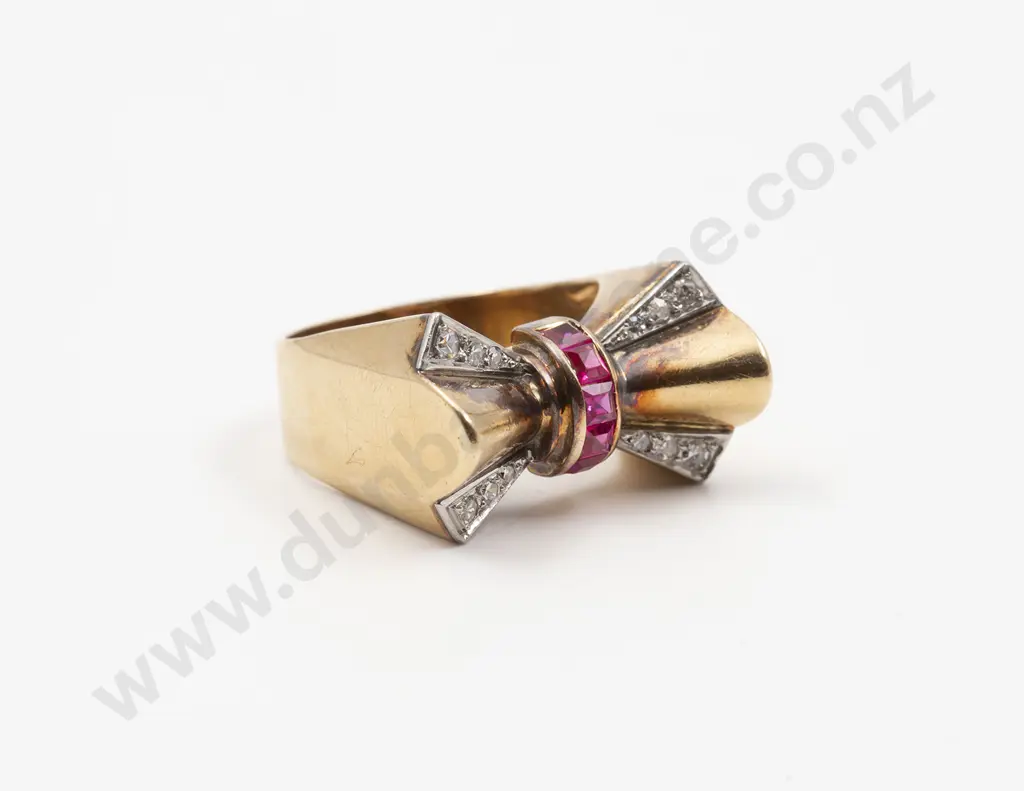 Mid C20th French 18ct Diamond and Synthetic Ruby Cocktail Dress Ring Image 1++