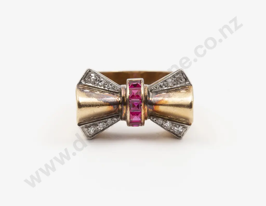 Mid C20th French 18ct Diamond and Synthetic Ruby Cocktail Dress Ring Image 1++