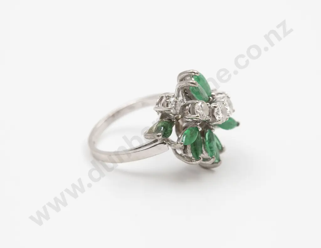 18ct White Gold Emerald & Diamond Cluster Dress Ring Image 1++