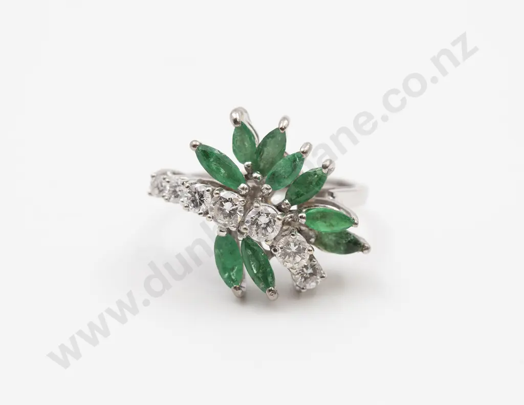 18ct White Gold Emerald & Diamond Cluster Dress Ring Image 1++
