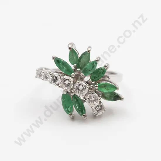 18ct White Gold Emerald & Diamond Cluster Dress Ring
