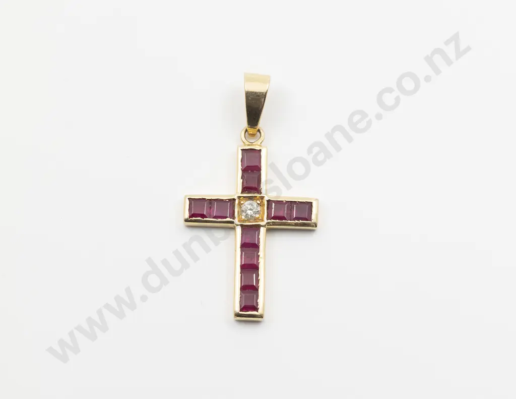 18ct Eleven Stone Ruby and Diamond Cross Pendant Image 1++