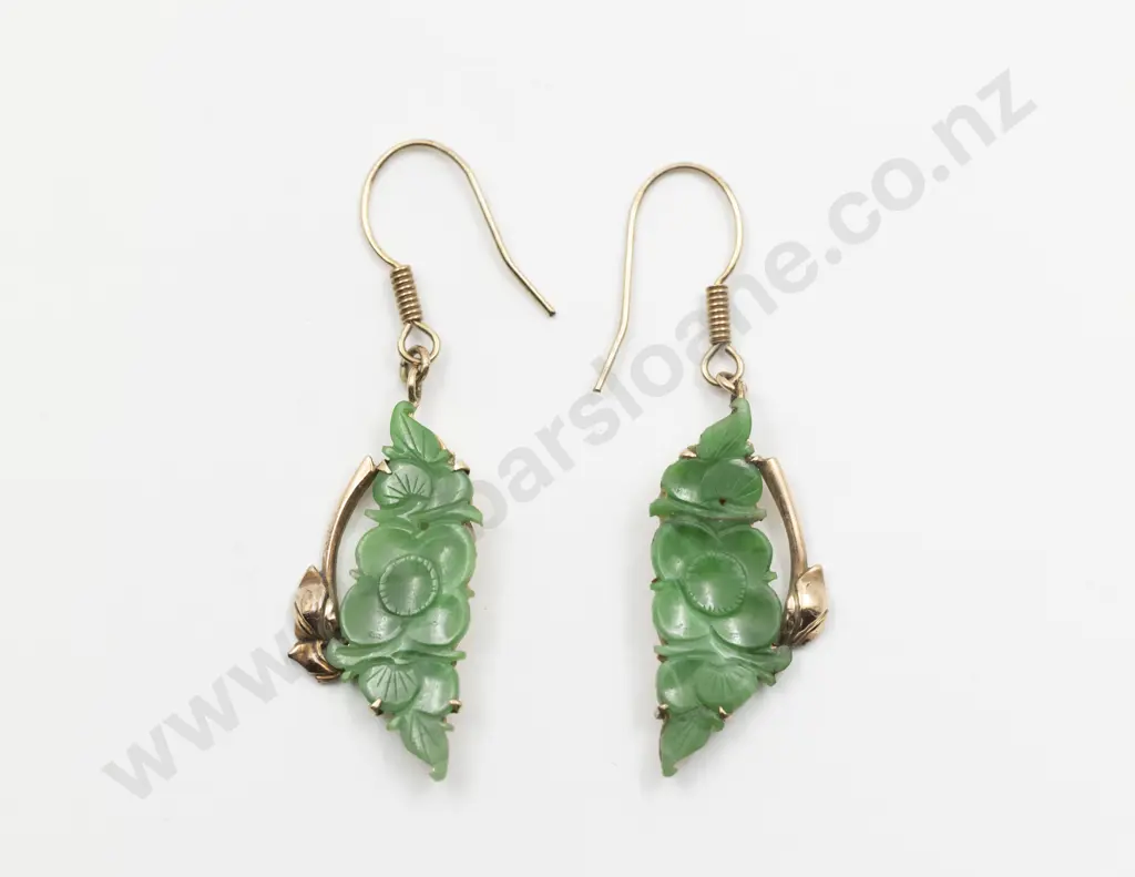 Pair 9ct Fine Apple Green Jade Pendant Earrings Image 1++