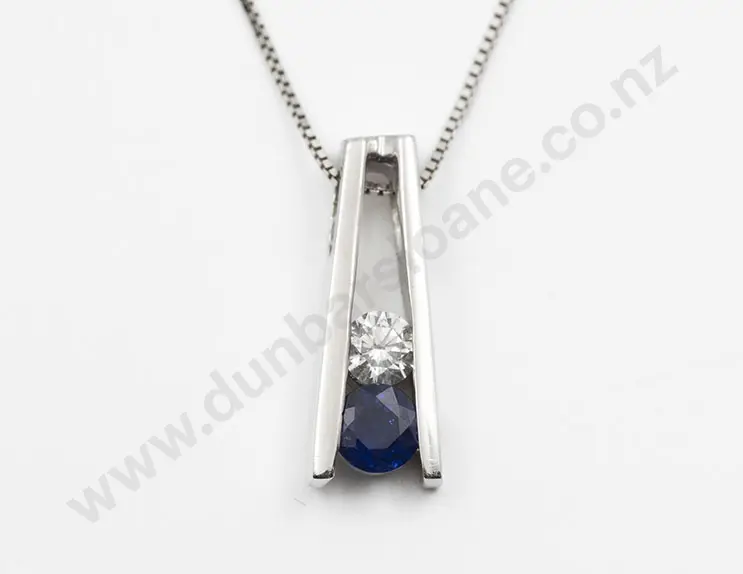 14ct White Gold Two Stone Sapphire and Diamond Pendant Image 1++