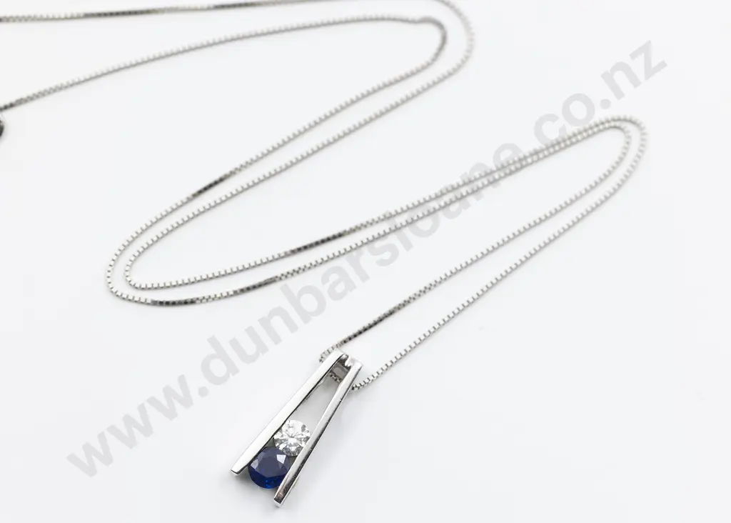 14ct White Gold Two Stone Sapphire and Diamond Pendant Image 1++