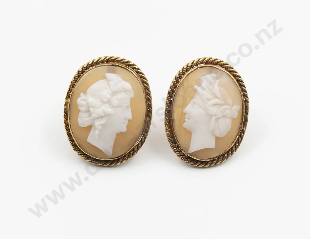 Pair Victorian 14ct Classical Cameo Portrait Earrings Image 1++