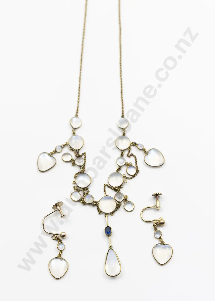 Edwardian 9ct and Moonstone Necklace and Earrings Image 1++