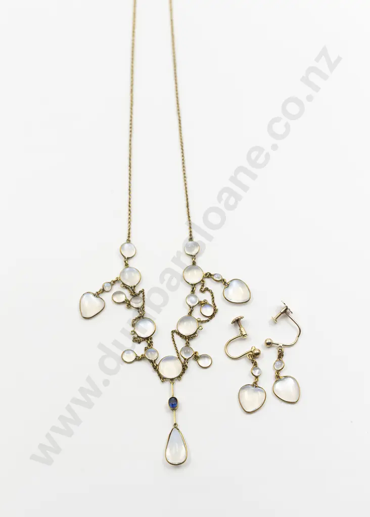 Edwardian 9ct and Moonstone Necklace and Earrings Image 1++