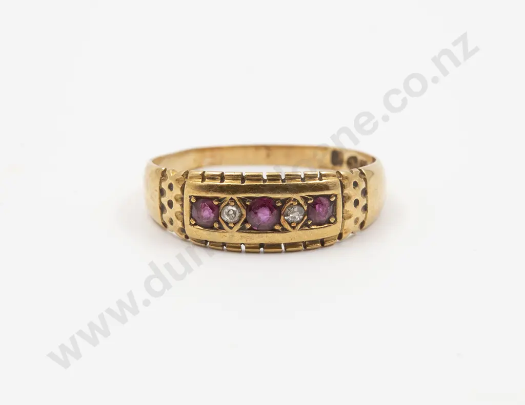 Victorian 18ct Five Stone Ruby and Diamond Band Ring Image 1++