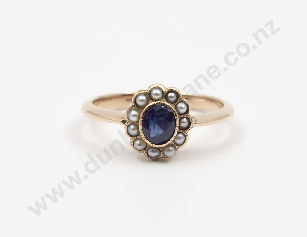 12ct Yellow Gold Twelve Stone Sapphire and Seed Pearl Cluster Ring Image 1++