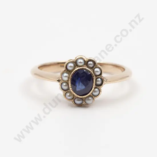 12ct Yellow Gold Twelve Stone Sapphire and Seed Pearl Cluster Ring