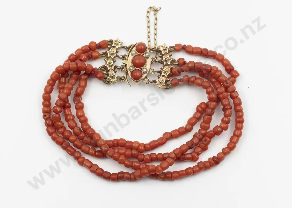 Victorian Four Strand Red Coral Uniform Bead Bracelet Image 1++